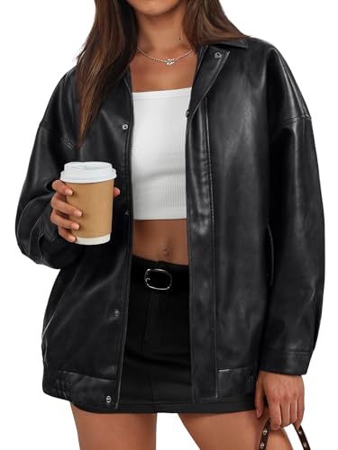Trendy Queen Women's Oversized Faux Leather Jackets - Textured Bomber Moto Style Zip Up Coats for Fall Winter Spring Black L