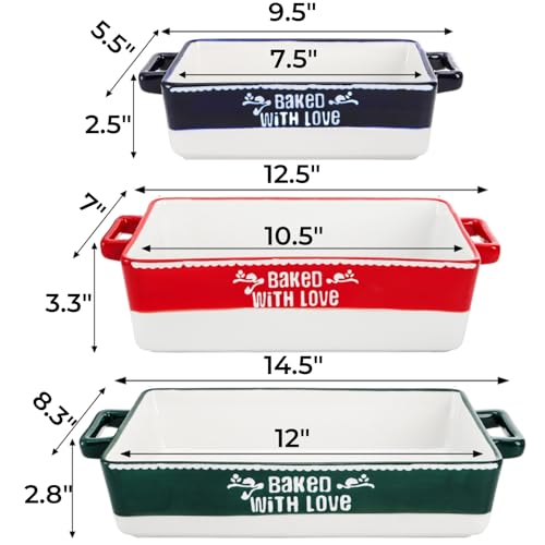 3 Pack Ceramic Baking Dishes, Casserole Dishes for Oven, Rectangular Lasagna Pans with Handles, Kitchen Deep Serving Bakeware Sets for Cooking, Wedding Gift, 3 Colors (14.5''/12.5''/9.5'') - Image 4