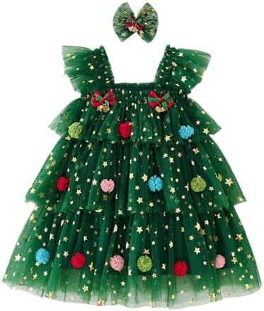 Christmas Dresses for Girls Toddler Sleeveless Tiered Tulle Mesh Tutu Dress Sparkly Xmas Outfits for Birthday Party