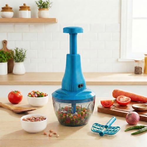 Image of Chopper for Kitchen Use | 650 ml Round Push Chopper with 3 Blades and Whisker | Chopping Vegetables & Fruits, Onion, Ginger, Garlic, Salad, Tomato, Potato (Blue)