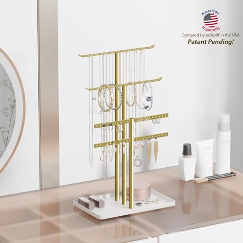 Jewelry Stand Organizer, 37CM Tall Sturdy Metal, 3-Tier Jewelry Holder for Necklace, Earring, Bracelet, Ring, Hanger for Display and Storage, Aesthetic Room Decor, Gold Jewlery Stand with White Tray by pickpiff - Image 3