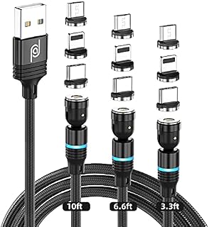 JJA Magnetic Charging Cable 3 in 1, Pack of 3 (1m, 2m & 3m), 360°&180° Rotation, Fast Phone Charger, 3A Nylon Braided Detachable, Data Transfer, for Micro USB, Type C, I-Connector (Black, Pack of 3)