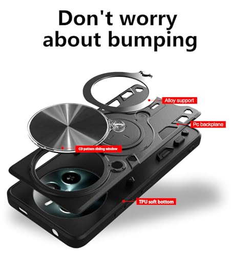 Image of SPAZY CASE Realme 12 Plus 5G / Realme P1 5G / Narzo 70 5G / Narzo 70 Pro 5G Back Case | Hybrid Case with 360 Degree Rotating Finger Ring Holder + Slider Shutter Camera Protection Cover - Black