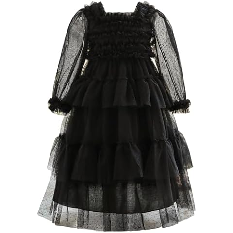 KOGWER Black Tween Dress for Little Girl Dresses Black Ruffle Dresses for Kids 7-8 Polka Dot Square Neck Tulle Dress for Girls Cover