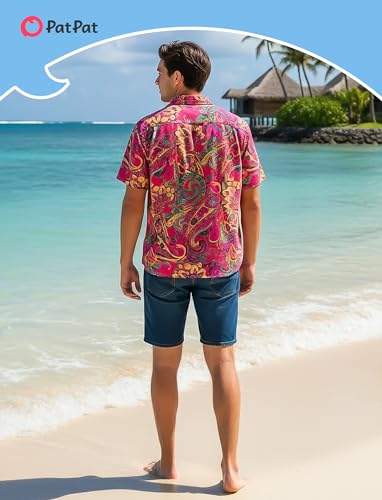 Image of PATPAT Family Hawaiian Matching Outfits - Mommy and Me Vacation Outfits | Halter Sundresses and Button Down Shirts,Caribbean Vacation Summer Tropical Outfits,Hawaiian Boho Tropical Floral Printed