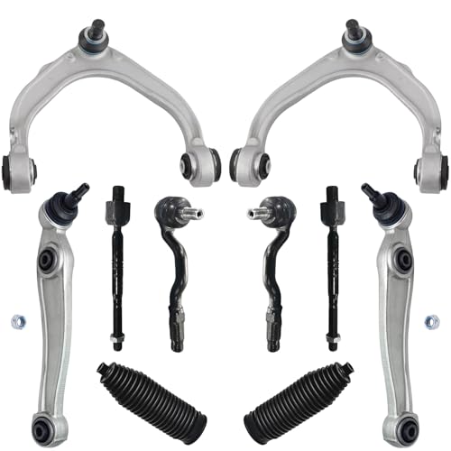 Image of Detroit Axle - 10pc Front End Control Arms Kit for 2007-2013 BMW X5 2008-2014 X6, 4 Lower Rearward and Upper Control Arms w /Ball Joint 4 Inner Outer Tie Rods 2 Boots 2009 2010 2011 2012 Replacement