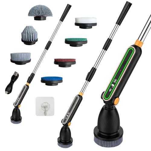 Spazzola di pulizia elettrica, 7 testine sostituibili, manico regolabile da 30 a 130 cm, 120 minuti, protezione da corrente, versatile per bagno, cucina e auto, colore nero