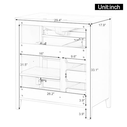 Image of 30 inch Bathroom Vanities with Top Set, Cabinet with Multi-Functional Tip-Out Drawer and Adjustable Shelf, Soft-Closing Door, Solid Wood Legs, White
