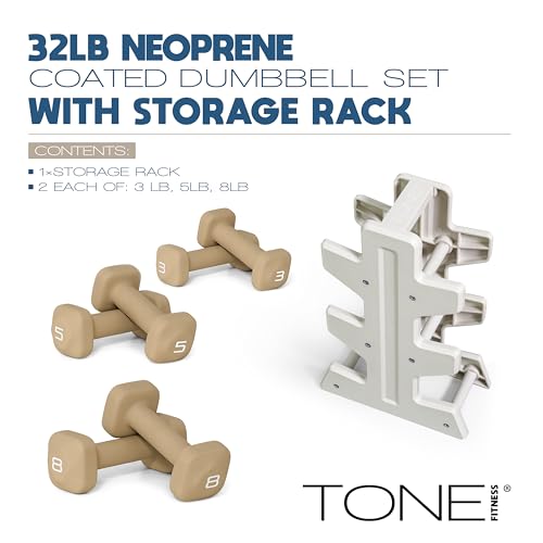 Image of Tone Fitness Neoprene Dumbbell Set with Storage Rack - Non-Slip, Anti-Roll Hand Weights for Home Gym Workouts | 20 lb, 32 lb, 50 lb, 60 lb & 100 lb Options