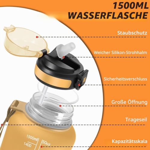 Trinkflasche, Trinkflasche 1 5 liter, Wasserflasche mit Strohhalm, Leicht zu Reinigen, Flasche Auslaufsicher, mit Motivierenden Slogans… – Ansicht 3