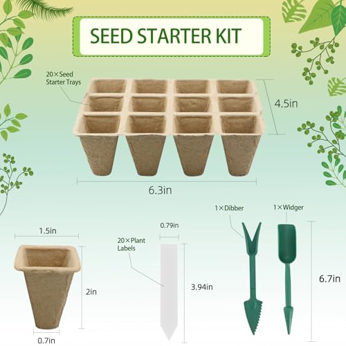 Hanmsen Seed Starter Tray,240 Cell Biodegradable Peat Pots Seed Starter Kit,Organic Germination Trays for Vegetable Flower Seedlings with 20 Plant Labels & 2 Garden Tools -20 Pack(Khaki) - Image 2