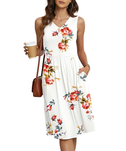 Image of NILOUFO Sleeveless Dress for Women Summer Knee Length Sundress with Pockets | Sundresses for Women Tank Empire Waist Sun Dress Cold Shoulder Casual V Neck Midi Dress Flowy Summer Dresses for Women
