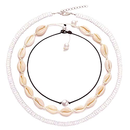 3 Pcs Shell Choker Necklace Chips 14 16 18 Inch Seashell Necklace Hawaiian Summer Beach Bohemia Jewelry Set Cowrie Shells Pearls Pendants for Women Girls