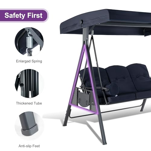 Image of PURPLE LEAF Outdoor Patio Porch Swing with Stand, 2-seat Swing Chair with Adjustable Tilt Canopy All-Weather Steel Frame for Backyard Front Porch Lawn, Cushions and Pillow Included, Navy Blue