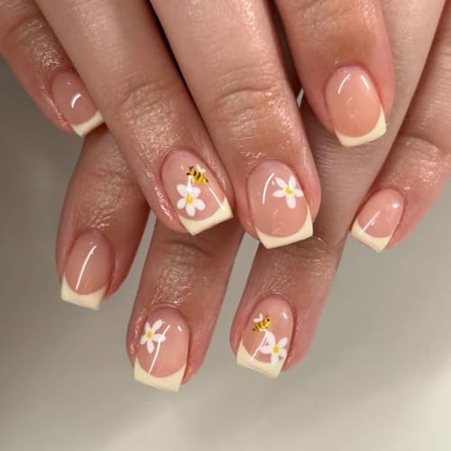 Yellow French Tip Press on Nails Short Square Fake Nails Spring S...