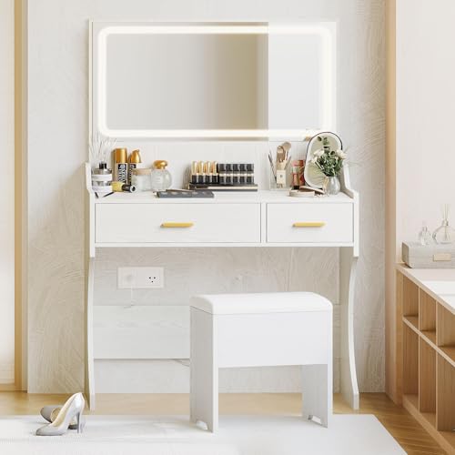 senlin Makeup Vanity Desk with Lights, Chair, and Power Outlet, Small Vanity with Lighted Mirror, Makeup Table with Mirror, Girls Vanity Set, Vanity Desk, Modern Makeup Vanity with Lights（White）