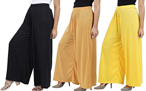 Image of Buy That Trendz M to 4XL Cotton Viscose Loose Fit Flared Wide Leg Palazzo Pants for Women Black Dark Skin Yellow Combo Pack of 3