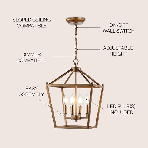 Image of JONATHAN Y Pagoda 4-Light Pendant 12 inch Cage, Antique Gold | Traditional Metal Farmhouse Hanging Lantern Ceiling Fixture, Adjustable Chain Link, For Kitchen Island, LED Bulb Included