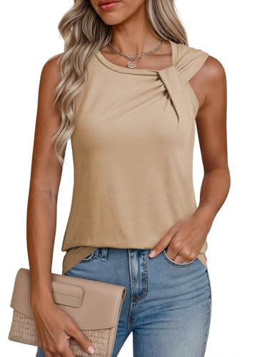 Dokotoo Women's Tops 2026 Summer Sexy Sleeveless Blouse Crewneck Twist Knot Tops Relax Fitted Knited Basic Solid Color Cotton Shirts Brown Medium