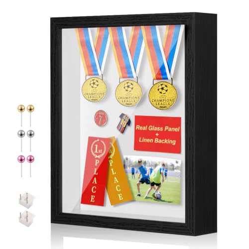 11x14 Shadow Box Display Case Picture Frame with Soft Linen Back Real Glass Panel Large Deep Black Shadow Box 11x14 for Flowers Medal Display Case Jersey pet Graduation Memorabilia Crafts Photos