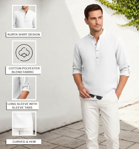 Image of Zombom Men's Cotton Blend Kurta Shirt with Full Sleeves Mandarin Collar Neck Solid Pattern for Men Regular Fit Ethnic Wear Casual Festive Top Modern Style | Cotton Shirt for Mens