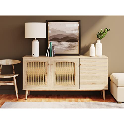 Dg Casa Sorico Coastal Living Room Entryway Table With Rattan Style Doors Kitchen Sideboard Buffet Storage Cabinet, Adjustable Shelf, Oak, 63" #TOP3