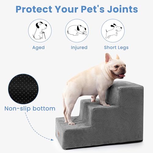 Image of Aodisman Dog Stairs for Small Dogs,Wider 3-Step Pet Steps for Couch & Bed | High-Density Foam Dog Steps with Anti-Slip Bottom,Easy for Puppies,Older Cats & Dogs to Reach Sofas & Chairs,Grey,15.7 inch H