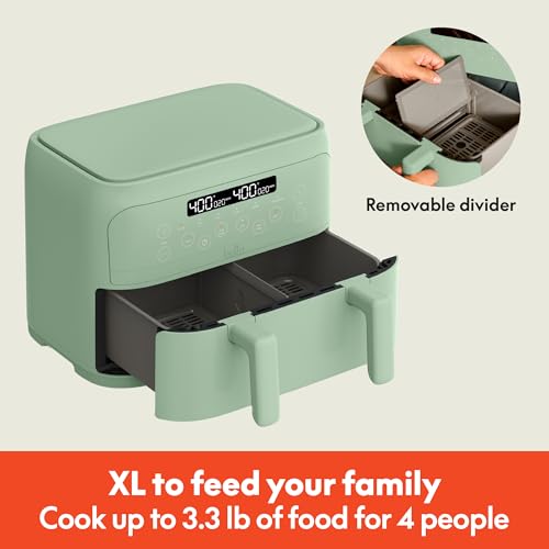 Image of bella 4 Qt TriZone Air Fryer, EverGood Ceramic Nonstick Coating, Dual Basket Design w Removable Divider, Digital Touchscreen Control w 6 Preset Cooking Options, 1200 Watt, 3lb Capacity, Seaglass