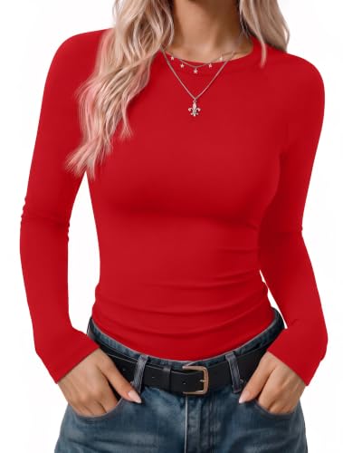 Ekouaer Womens Long Sleeve Color Block Raglan Shirts Fitted Thermal Tops