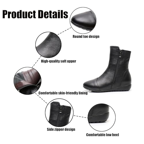 Women's Leather Side Zip Flat Ankle Boots Fashion Comfortable Slip-on Fur Lined Warm Chelsea Booties Winter Low Heel Mid Calf Flat Boots3