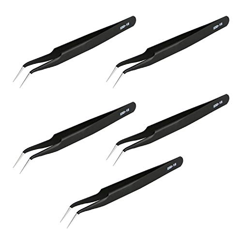 Image of Aoje-Link ESD-15 Professional Anti-Static Precision Technology Tweezers, Non-Magnetic Fine Tip Curved, Stainless Steel Plastic Coated, Full Length 120mm, Black, 5pcs