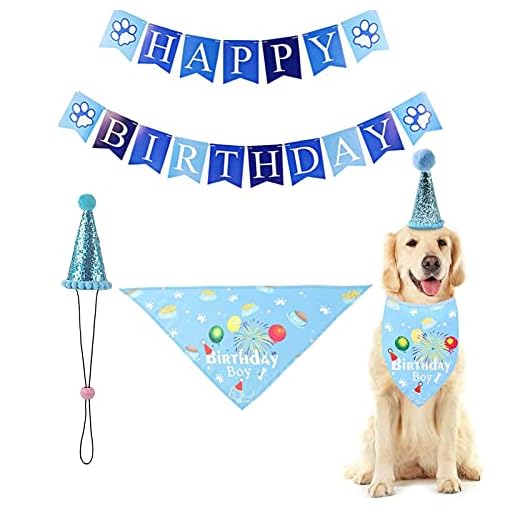 Hund födelsedag bandana hatt et grattis på födelsedagen banderoll, hund födelsedag festdekorationer, hundar husdjur födelsedag presentdekorationer set för små, medelstora och stora hundar katter, blå