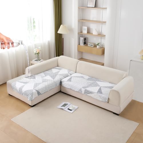 Image of HOKIPO 'Elira Series' Printed Water Repellent + Waterproof Quick Dry L Shape (2+2 Seater) Sofa Seat Cover Mat, Snow White Black Geometry (AR-5245-C9 + AR-5246-C9)