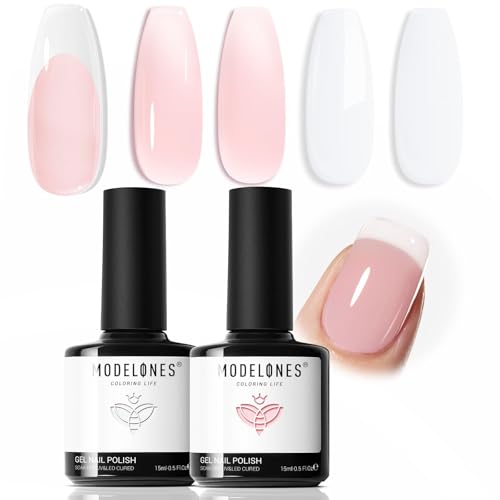 modelones Gel Nail Polish Set 2 Pcs 15ml French Manicure Kit White Nude Pink Jelly Sheer Gel Polish Soak Off UV LED Classic French Tip Gel Polish Natural Nail Art DIY Gift for Women