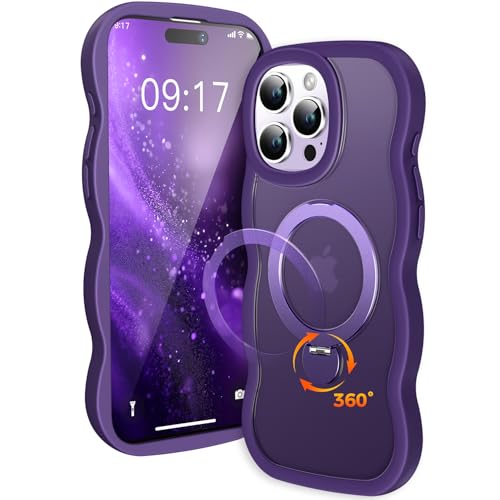 Coque iPhone 16 Pro avec support rotatif violet et bords ondulés