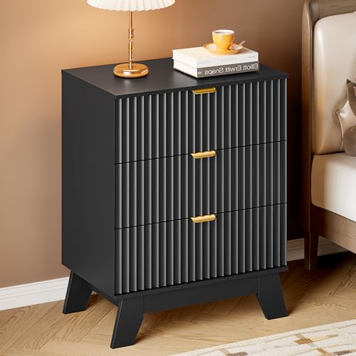 Image of BORNOON Fluted 3 Drawer Dresser, 30.3 inch Tall Compact Modern Boho Chest of Drawers, Wooden Storage Cabinet for Bedroom, Living Room, Entryway, Curved Profile Design