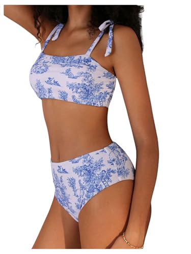 Floerns Women's Tie Shoulder Bikini Swimsuit Floral High Waisted 2 Piece Bathing Suit