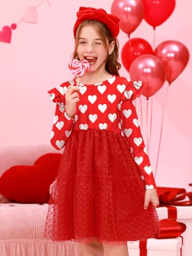 Valentine's Girls Heart Tulle Hem Ruffle Sleeve Midi Dress 2-10 Years2