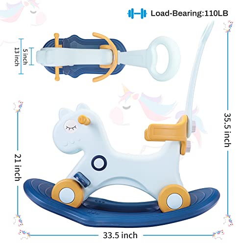 Ancaixin 4 in 1 Rocking Horse for Toddlers 1-3 Years Old, Balance Bike Ride On Toys with Push Handle, Backrest and Balance Board for Baby Girl and Boy, Unicorn Kids Riding Birthday (Blue)