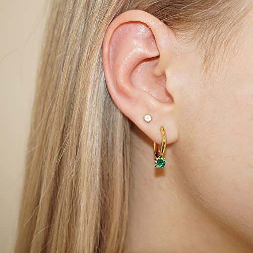 OZEL – Huggie Hoop Earrings with a Set of Cubic Zirconia Stones for Women – 14k Yellow Gold/White Gold Plated/Circular/Semi-circular/U-Shape/Round Square (Made in Korea)2