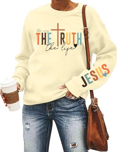 LUKYCILD Christian Sweatshirt Women Bible Verse Pullover Religious Faithful Shirt Christ Crewneck Long Sleeve Shirt Apricot