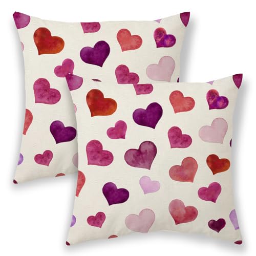 BETGINY Valentines Pillow Covers 18x18, Colorful Love Heart Outdoor Decorative Throw Pillows for Couch, Anniversary Decor Cushion Cover 2 Pcs Farmhouse Linen Pillowcase for Bed Car Safa