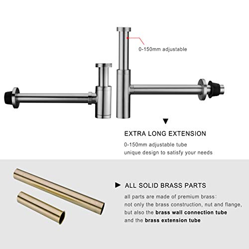 Orhemus All Brass Round Bottle P Trap, 1 1/4 Bathroom Basin Sink Waste Trap Drain Tube Kit Extra Long Slip Joint Extension Tube Tailpiece for Sink Drain, Adjustable Height, Polished Chrome