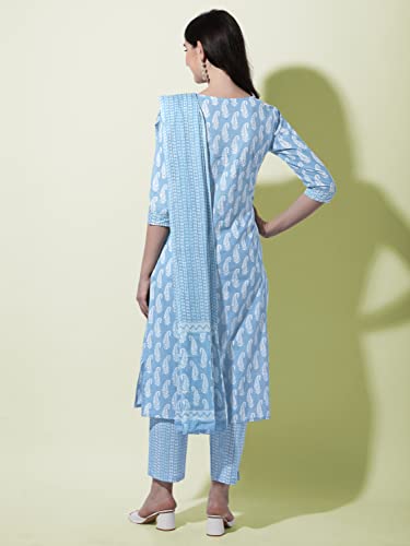 Image of MIRCHI FASHION Pure Cotton Women Straight Printed Embroidery Work Kurti Set with Dupatta and Pant
