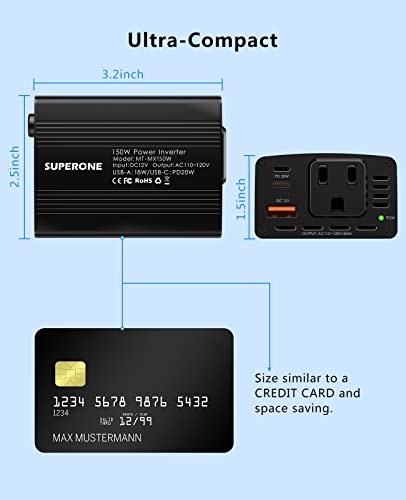 【2023 Upgraded】 Superone 150W Car Power Inverter Dc 12V To 110V/120V Ac Car To Outlet Adapter With Pd 20W Usb C & Qc3.0 Fast Charge Car Power Adapter #TOP4