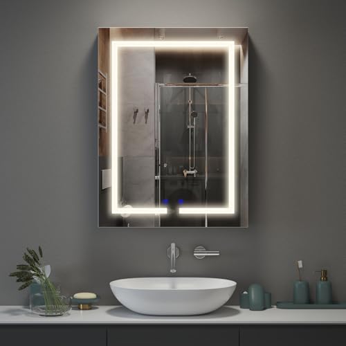 Luxstein Spiegelschrank Bad mit Beleuchtung und Steckdose, 60x80x15cm, Badezimmerschrank mit Spiegel und Verstellbares Regal, Entfogging-Funktion, Wandmontage, Weiß