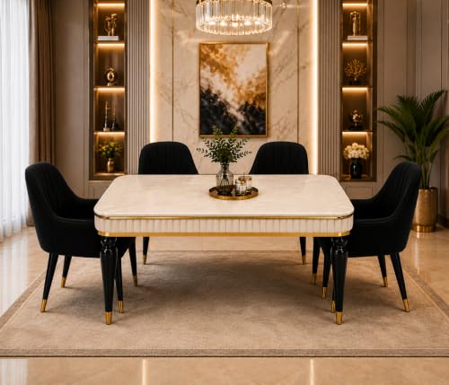 Image of 4 Seater Dining Table Set with Nano Composite Marble Top, Solid Wood Base & 4 Upholstered Chairs, Modern Dining Table Set for Home & Dining Room Furniture (Black, White Marble Top, 4 Seater)