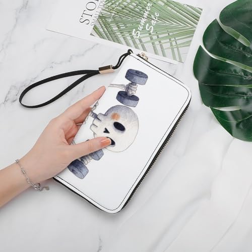 Cute Skeleton Lifting Dumbbells Gym PU Leather Clutch Long Bifold Wallet, Coin Purse Credit Pass Case, Durable Card-Holder Money Storage for Women Men4