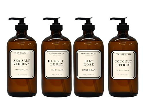 Apothecary 101 Glass Hand Soap Set Sea Salt Verbena Huckleberry Lily Rose Coconut Citrus 16 Fl Oz Bottles Home and Body Company