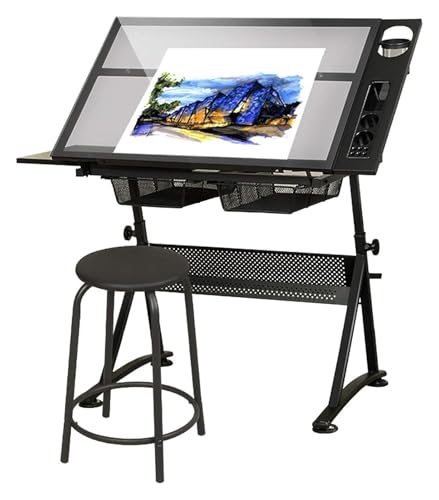 Mesa de dibujo ajustable en altura con 2 cajones de almacenamiento, mesa de arte inclinable para arquitectos, artistas, niños y adultos, perfecto para uso doméstico y de oficina